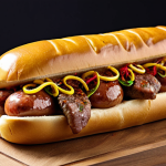 ** Gourmet hot dog with artisanal sausage (e.g., lamb or wild boar), caramelized onions, exotic spices (e.g., curry or Chipotle), and fresh herbs on a brioche bun. Focus on vibrant colors and textures.

**