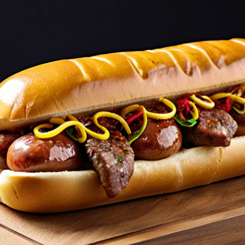 Home 15 ** Gourmet hot dog with artisanal sausage (e.g., lamb or wild boar), caramelized onions, exotic spices (e.g., curry or Chipotle), and fresh herbs on a brioche bun. Focus on vibrant colors and textures.
**