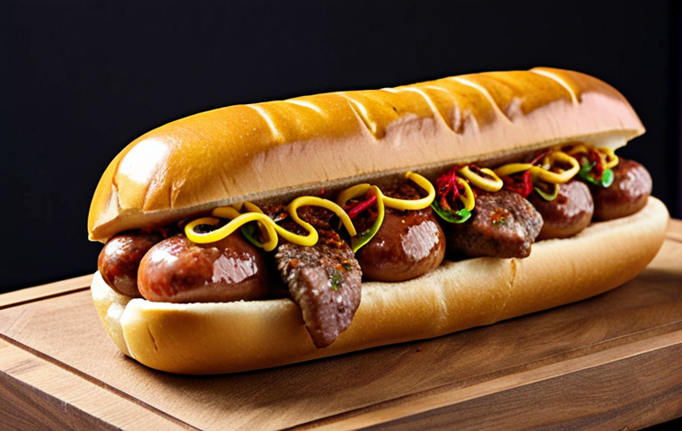 ** Gourmet hot dog with artisanal sausage (e.g., lamb or wild boar), caramelized onions, exotic spices (e.g., curry or Chipotle), and fresh herbs on a brioche bun. Focus on vibrant colors and textures.
**
