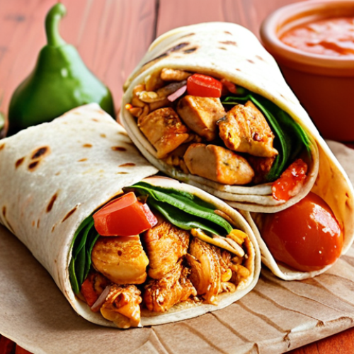 Home 14 **
A vibrant and delicious chicken wrap, showcasing the fusion of fast-food and local Brazilian ingredients. The wrap is filled with grilled chicken, piri-piri sauce (or a similar local spicy pepper sauce), and farofa de mandioca (toasted cassava flour). Focus on the textures and colors: the juicy chicken, the crunchy farofa, and the vibrant sauce. In the background, suggest a bustling Brazilian marketplace or a local eatery. Highlight fresh, local ingredients surrounding the wrap.
**