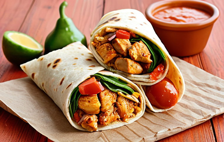 **
A vibrant and delicious chicken wrap, showcasing the fusion of fast-food and local Brazilian ingredients. The wrap is filled with grilled chicken, piri-piri sauce (or a similar local spicy pepper sauce), and farofa de mandioca (toasted cassava flour). Focus on the textures and colors: the juicy chicken, the crunchy farofa, and the vibrant sauce. In the background, suggest a bustling Brazilian marketplace or a local eatery. Highlight fresh, local ingredients surrounding the wrap.
**