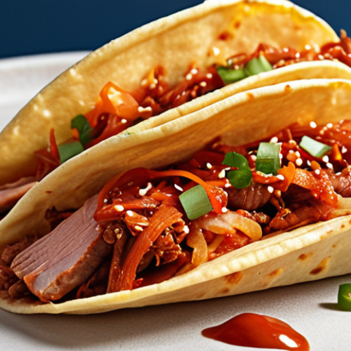 Home 7 **Fusion Taco Still Life:** A vibrant, close-up studio shot of a fusion taco. Focus on the Korean-inspired filling: shredded pork with visible kimchi and gochujang sauce. The lighting should be bright and appetizing, highlighting the textures and colors of the ingredients. Background should be a clean, modern surface.