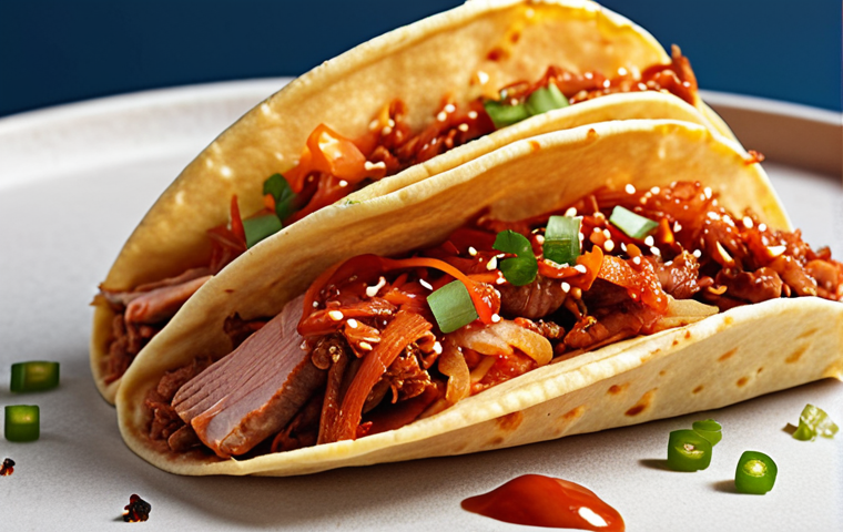 **Fusion Taco Still Life:** A vibrant, close-up studio shot of a fusion taco. Focus on the Korean-inspired filling: shredded pork with visible kimchi and gochujang sauce. The lighting should be bright and appetizing, highlighting the textures and colors of the ingredients. Background should be a clean, modern surface.