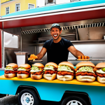 **

A vibrant food truck scene in Lisbon, Portugal, focusing on a "fusion hot dog" stand. The hot dog is elaborately topped with kimchi and guacamole, showcasing the fusion aspect. Focus on the customer's delighted expression as they receive their order. Emphasize the bustling atmosphere and the visual appeal of the ingredients.

**