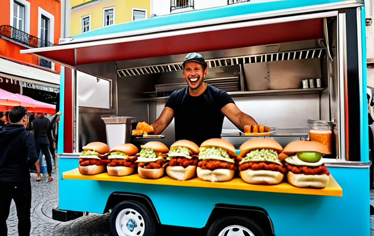 **

A vibrant food truck scene in Lisbon, Portugal, focusing on a "fusion hot dog" stand. The hot dog is elaborately topped with kimchi and guacamole, showcasing the fusion aspect. Focus on the customer's delighted expression as they receive their order. Emphasize the bustling atmosphere and the visual appeal of the ingredients.

**