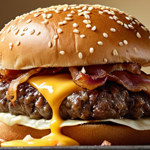 Home 26 A close-up, dynamic shot of a gourmet burger being bitten, showcasing a perfect "symphony" of textures. The image should highlight a juicy patty, melted cheese, soft bun, and a prominent, golden-brown crunchy element (like crispy onions or bacon) that visually suggests an audible "crunch." The scene is vibrant, detailed, and mouth-watering, captured in a high-resolution food photography style.