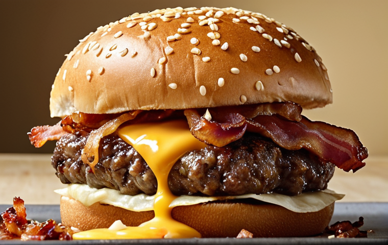 A close-up, dynamic shot of a gourmet burger being bitten, showcasing a perfect "symphony" of textures. The image should highlight a juicy patty, melted cheese, soft bun, and a prominent, golden-brown crunchy element (like crispy onions or bacon) that visually suggests an audible "crunch." The scene is vibrant, detailed, and mouth-watering, captured in a high-resolution food photography style.