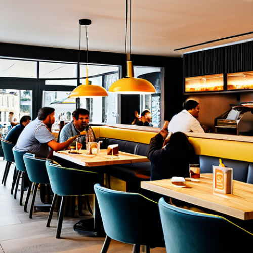 Home 25 Professional Burger Business**
"A bustling burger fusion restaurant in Lisbon, Portugal. Focus on a diverse crowd enjoying elegantly plated fusion burgers. Emphasis on clean, modern design, showcasing the restaurant's interior. Professional photography, high resolution, perfect lighting, safe for work, family-friendly, appropriate content, fully clothed patrons."
**