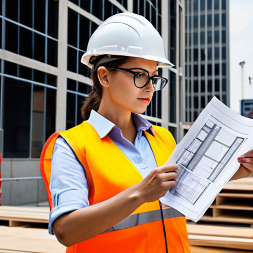 Home 12 **
"A professional female architect, fully clothed in a modest business dress and glasses, reviewing blueprints at a bright and modern construction site, hard hat on, safety vest, perfect anatomy, natural pose, safe for work, appropriate content, professional, high quality, well-formed hands, proper finger count, natural body proportions."
**