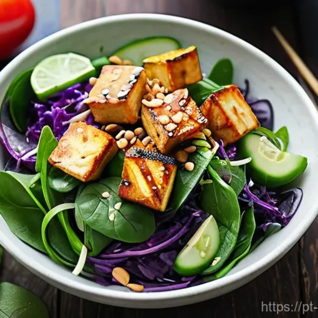 퓨전 샐러드의 대체육 옵션 - **Prompt: "A vibrant and appetizing close-up of an Asian-inspired fusion salad bowl. The focal point...