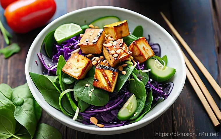 퓨전 샐러드의 대체육 옵션 - **Prompt: "A vibrant and appetizing close-up of an Asian-inspired fusion salad bowl. The focal point...