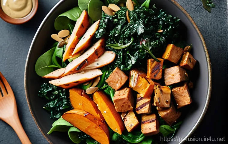 퓨전 샐러드의 대체육 옵션 - **Prompt: "A vibrant and appetizing close-up of an Asian-inspired fusion salad bowl. The focal point...