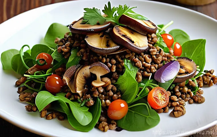 퓨전 샐러드의 대체육 옵션 - **Prompt: "A hearty and satisfying shot of a gourmet seitan salad bowl. Grilled seitan strips, with ...