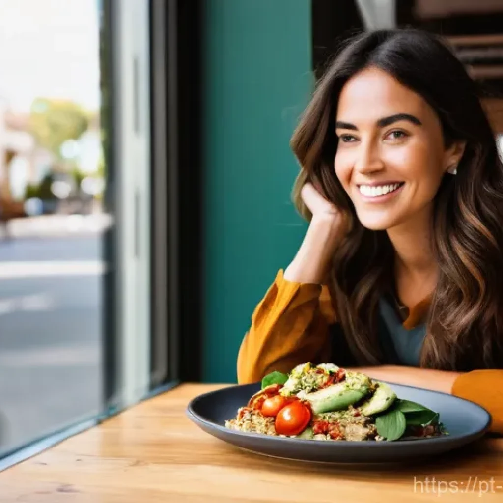 퓨전 패스트푸드 건강 옵션 - **Prompt:** A vibrant, sunlit scene inside a modern, Portuguese fast-casual restaurant. A casually d...