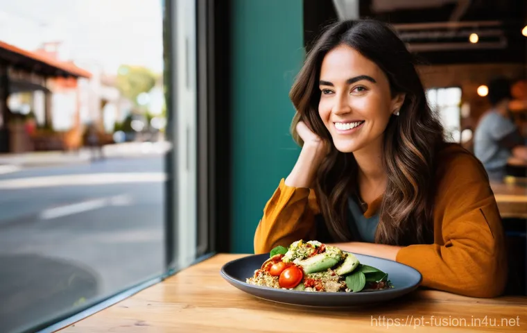 퓨전 패스트푸드 건강 옵션 - **Prompt:** A vibrant, sunlit scene inside a modern, Portuguese fast-casual restaurant. A casually d...