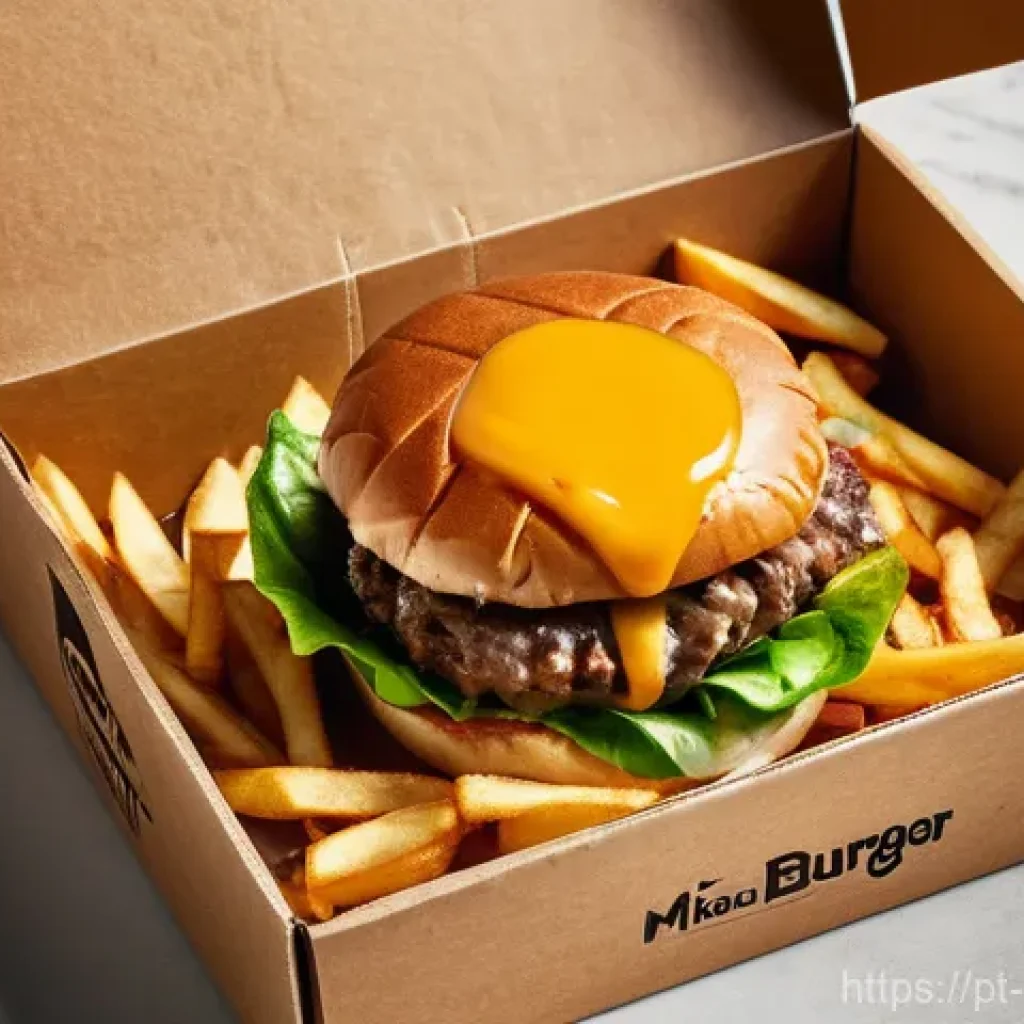 퓨전 버거의 배달 패키지 - **Prompt: "A close-up shot of a gourmet fusion burger delivery box, meticulously designed to maintai...