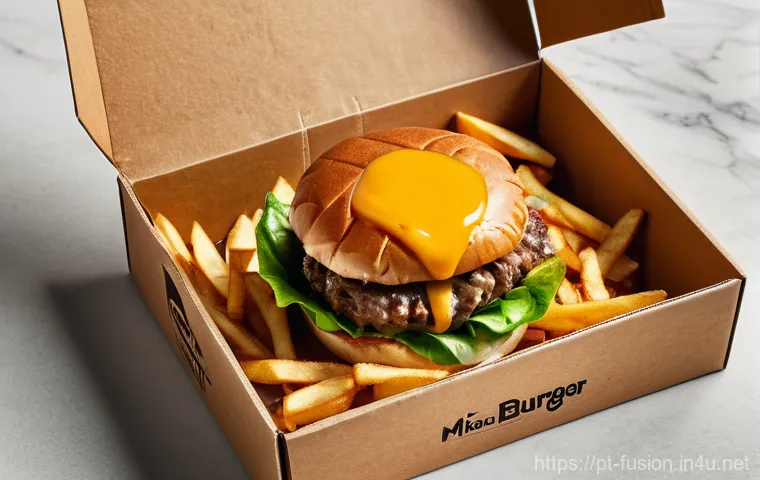 퓨전 버거의 배달 패키지 - **Prompt: "A close-up shot of a gourmet fusion burger delivery box, meticulously designed to maintai...