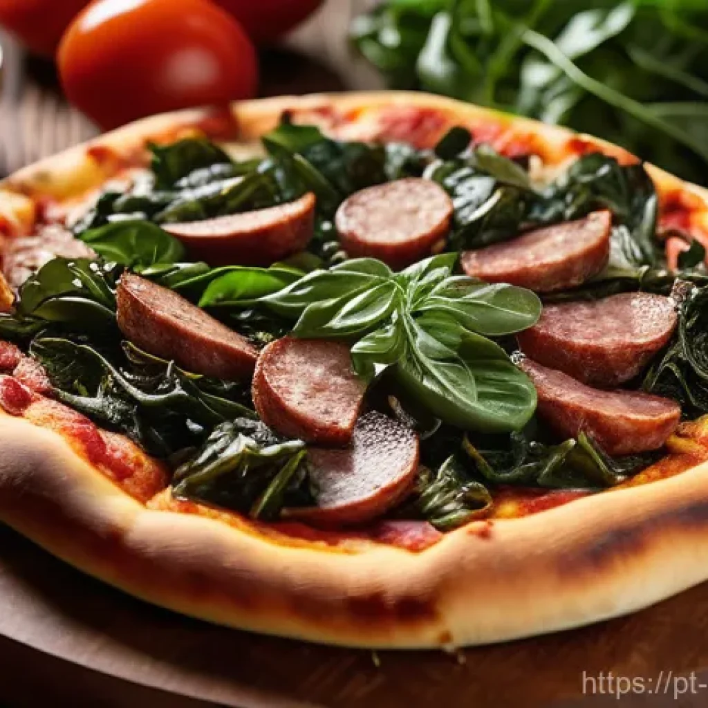 퓨전 피자 한정판 메뉴 - A gourmet pizza with a thin, crispy crust, topped generously with sliced, golden-brown *Alheira de M...