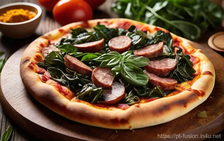 퓨전 피자 한정판 메뉴 - A gourmet pizza with a thin, crispy crust, topped generously with sliced, golden-brown *Alheira de M...