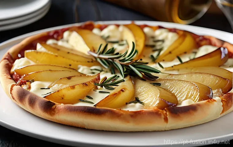 퓨전 피자 한정판 메뉴 - A gourmet pizza with a thin, crispy crust, topped generously with sliced, golden-brown *Alheira de M...