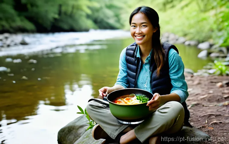 퓨전 패스트푸드 캠핑용 세트 - Prompt 1: Gourmet Meal by the River**