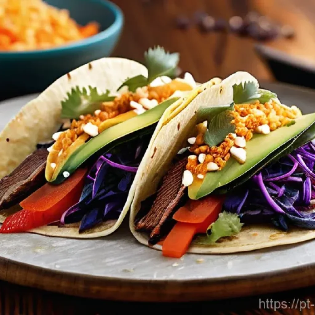 퓨전 타코의 맛 차이 - **Vibrant Asian Fusion Taco Feast:**
    "A close-up, overhead shot of a beautifully presented fusio...