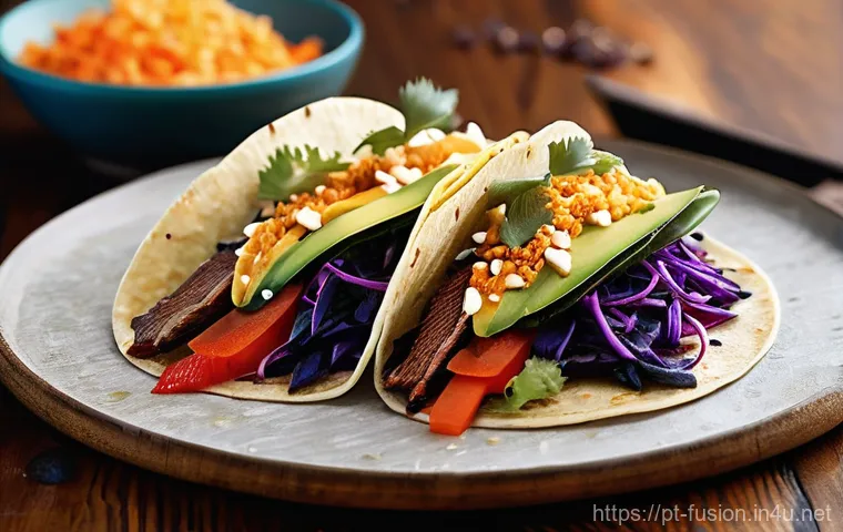 퓨전 타코의 맛 차이 - **Vibrant Asian Fusion Taco Feast:**
    "A close-up, overhead shot of a beautifully presented fusio...