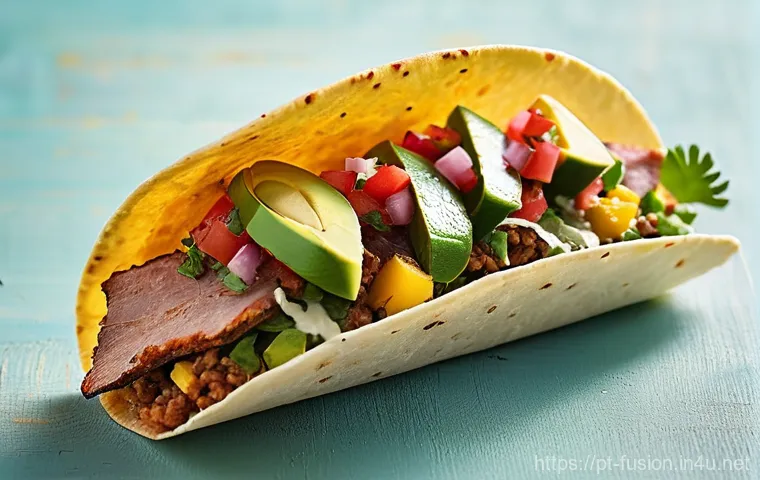 퓨전 타코의 맛 차이 - **Vibrant Asian Fusion Taco Feast:**
    "A close-up, overhead shot of a beautifully presented fusio...