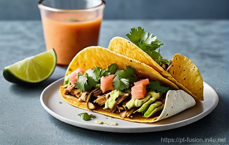 퓨전 타코의 맛 차이 - **Hearty Portuguese-Inspired Fusion Taco:**
    "A hand, featuring a simple, elegant ring, gently ho...