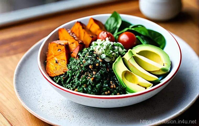 퓨전 패스트푸드의 저염 옵션 - **Prompt 1: Healthy Fusion Grain Bowl in Lisbon**
A high-resolution, bright, and vibrant food ph...