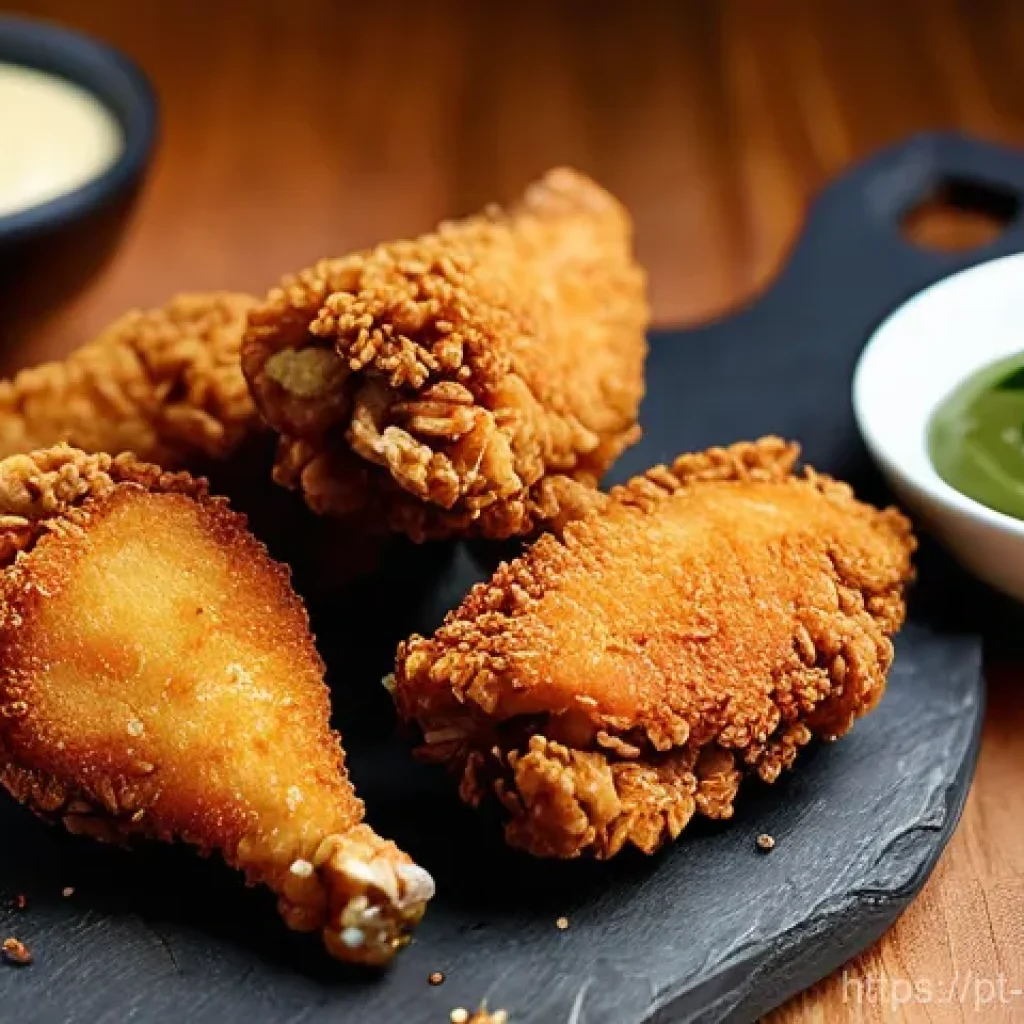 퓨전 치킨의 저칼로리 튀김법 - **Prompt:** A close-up, high-angle, and mouth-watering studio shot of golden-brown fusion fried chic...