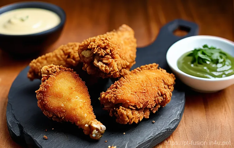퓨전 치킨의 저칼로리 튀김법 - **Prompt:** A close-up, high-angle, and mouth-watering studio shot of golden-brown fusion fried chic...