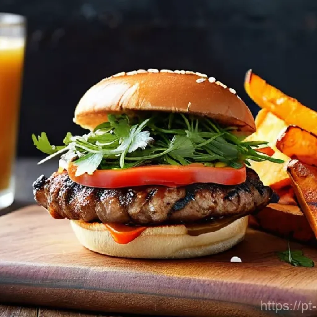 퓨전 패스트푸드 브랜드 리뉴얼 사례 - **Prompt 1: A Culinary Fusion Masterpiece**
"A vibrant, close-up shot of a gourmet fast-food ham...