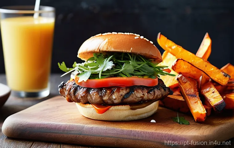 퓨전 패스트푸드 브랜드 리뉴얼 사례 - **Prompt 1: A Culinary Fusion Masterpiece**
"A vibrant, close-up shot of a gourmet fast-food ham...