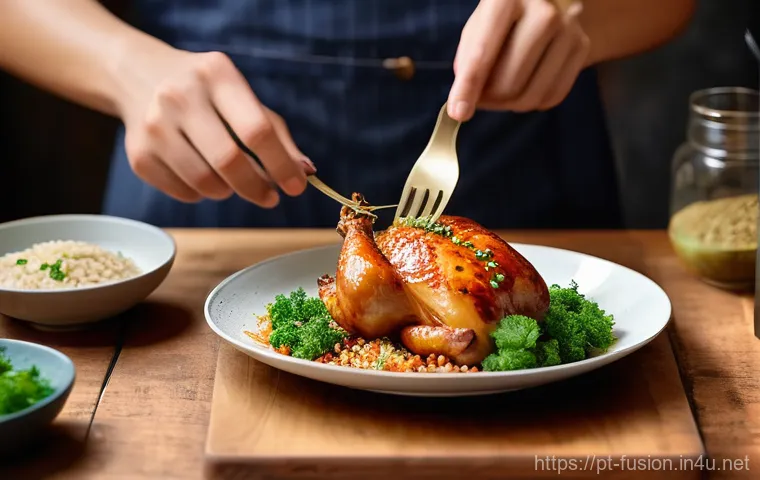 퓨전 치킨 배달 음식 리뷰 - **"A vibrant and mouth-watering fusion chicken dish, beautifully presented on a rustic wooden table ...