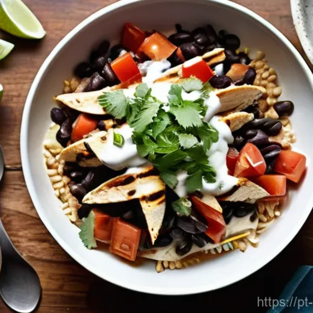 퓨전 타코의 고단백 소스 - **Prompt:** A close-up, vibrant photograph of a deconstructed taco bowl, showcasing a rich, creamy, ...