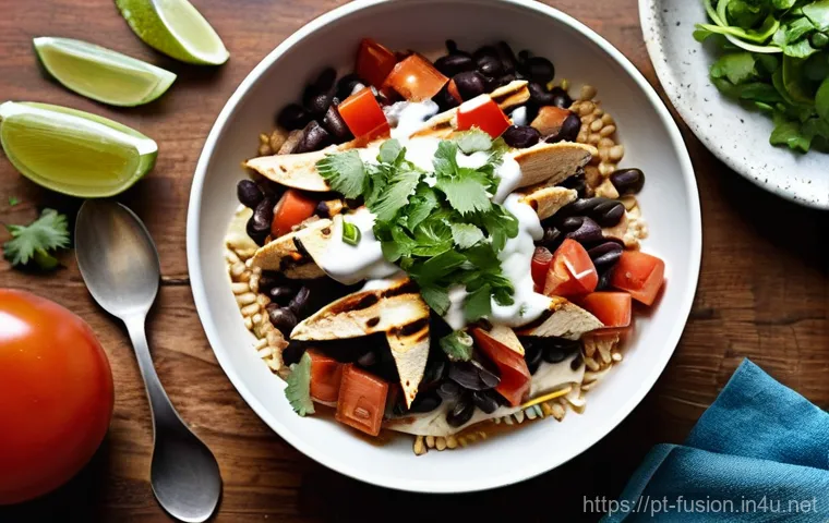 퓨전 타코의 고단백 소스 - **Prompt:** A close-up, vibrant photograph of a deconstructed taco bowl, showcasing a rich, creamy, ...