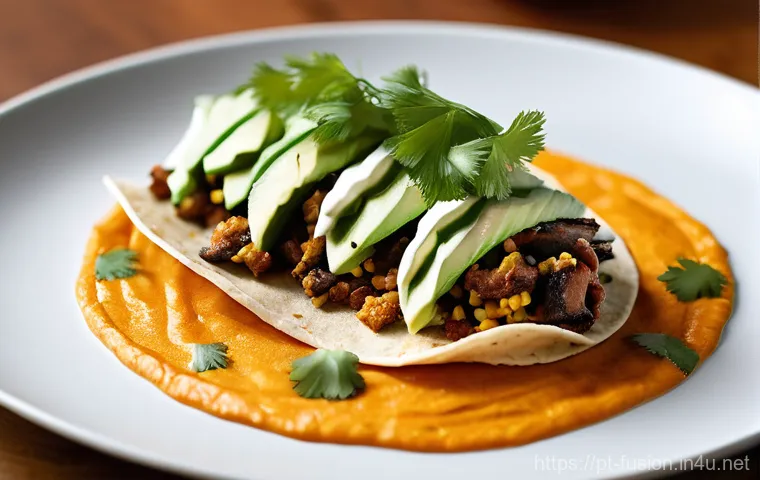 퓨전 타코의 고단백 소스 - **Prompt:** A dynamic overhead shot of ingredients being prepared for a high-protein taco sauce in a... 퓨전 타코의 고단백 소스 - **Prompt:** A dynamic overhead shot of ingredients being prepared for a high-protein taco sauce in a...