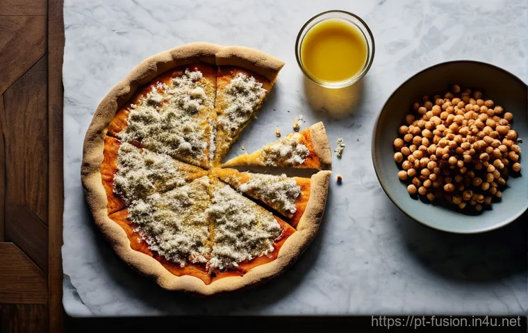 퓨전 피자의 저칼로리 크러스트 - **Prompt:** A vibrant overhead shot of a clean, modern kitchen counter showcasing a variety of uncoo...