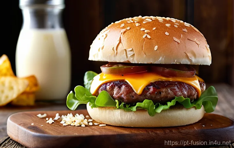 퓨전 패스트푸드 현지화 메뉴 - Prompt 1: Gourmet Portuguese Fast Food Burger Close-up** 퓨전 패스트푸드 현지화 메뉴 - Prompt 1: Gourmet Portuguese Fast Food Burger Close-up**