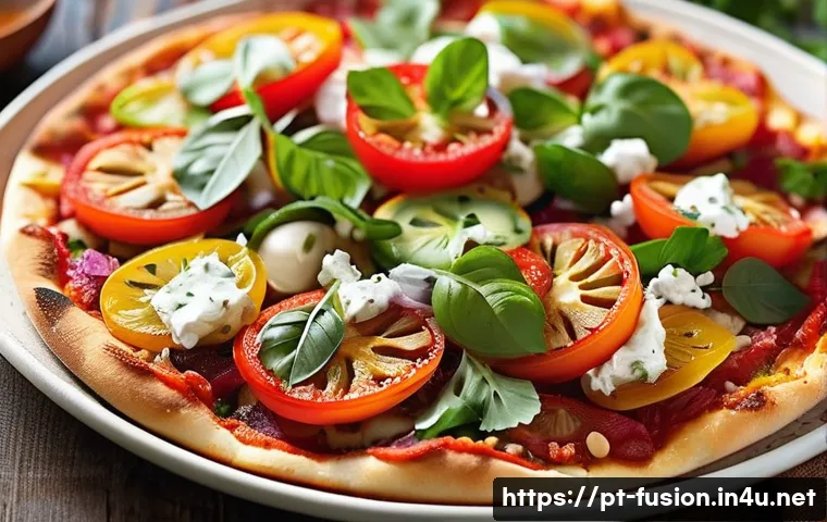 퓨전 피자의 저염 토핑 - **Prompt 1: A Culinary Fusion Masterpiece**
    "A close-up, top-down shot of a vibrant, gourmet fus...