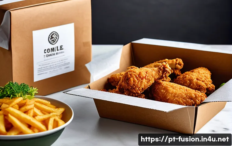 퓨전 치킨 포장 방법 리뷰 - **Prompt 1: Sustainable & Modern Fried Chicken Delivery Package**
    "A close-up, high-angle shot o...