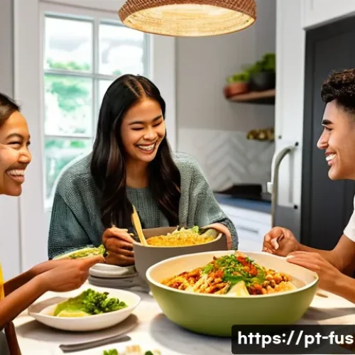 Home 31 퓨전 패스트푸드 밀키트 활용법 - **Fusion Feast at Home:** A brightly lit, modern kitchen or dining room scene where a diverse group ...