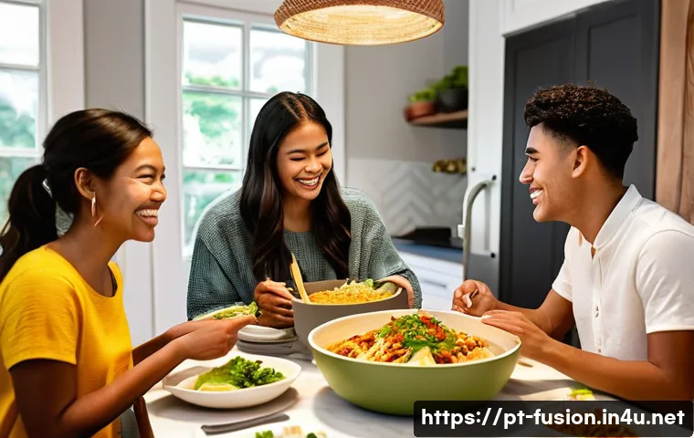 퓨전 패스트푸드 밀키트 활용법 - **Fusion Feast at Home:** A brightly lit, modern kitchen or dining room scene where a diverse group ...