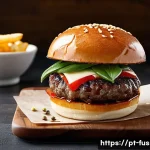 퓨전 패스트푸드 소셜 미디어 트렌드 - **Gourmet Fusion Burger Experience**
A hyper-realistic, gourmet fusion burger, impeccably styled...