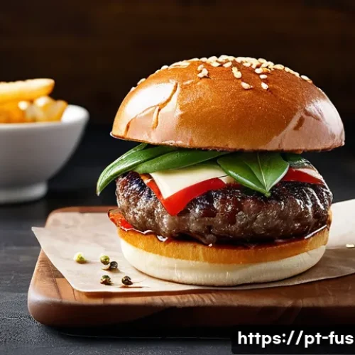 Home 30 퓨전 패스트푸드 소셜 미디어 트렌드 - **Gourmet Fusion Burger Experience**
A hyper-realistic, gourmet fusion burger, impeccably styled...