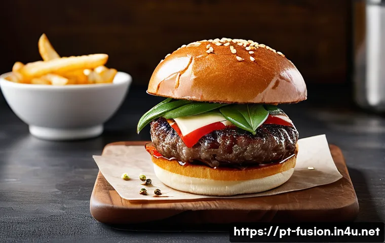 퓨전 패스트푸드 소셜 미디어 트렌드 - **Gourmet Fusion Burger Experience**
A hyper-realistic, gourmet fusion burger, impeccably styled...