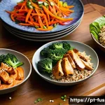 퓨전 치킨 단백질 함량 분석 - **Prompt 1: "Vibrant Fusion Chicken Feast"**
A wide shot of a beautifully arranged culinary spre...