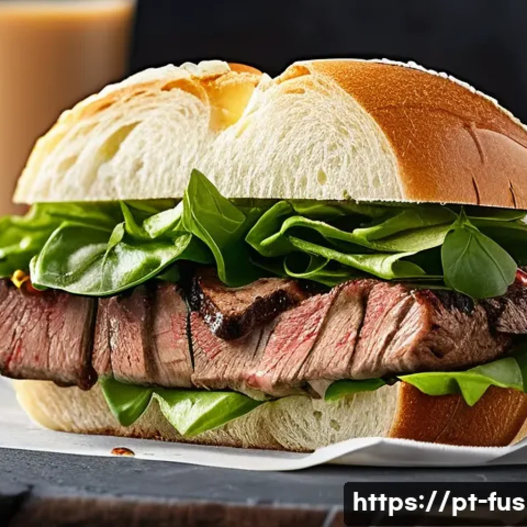 퓨전 샌드위치 소스의 조합 - A gourmet sandwich scene featuring a grilled meat sandwich generously spread with creamy chipotle ma...