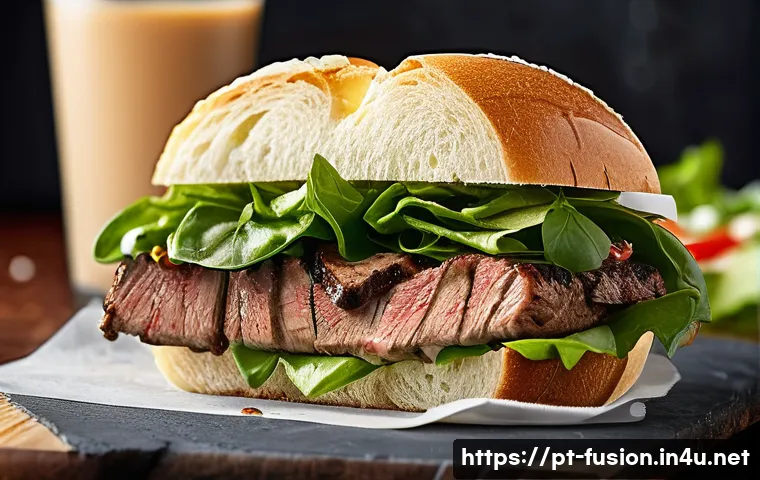 퓨전 샌드위치 소스의 조합 - A gourmet sandwich scene featuring a grilled meat sandwich generously spread with creamy chipotle ma...